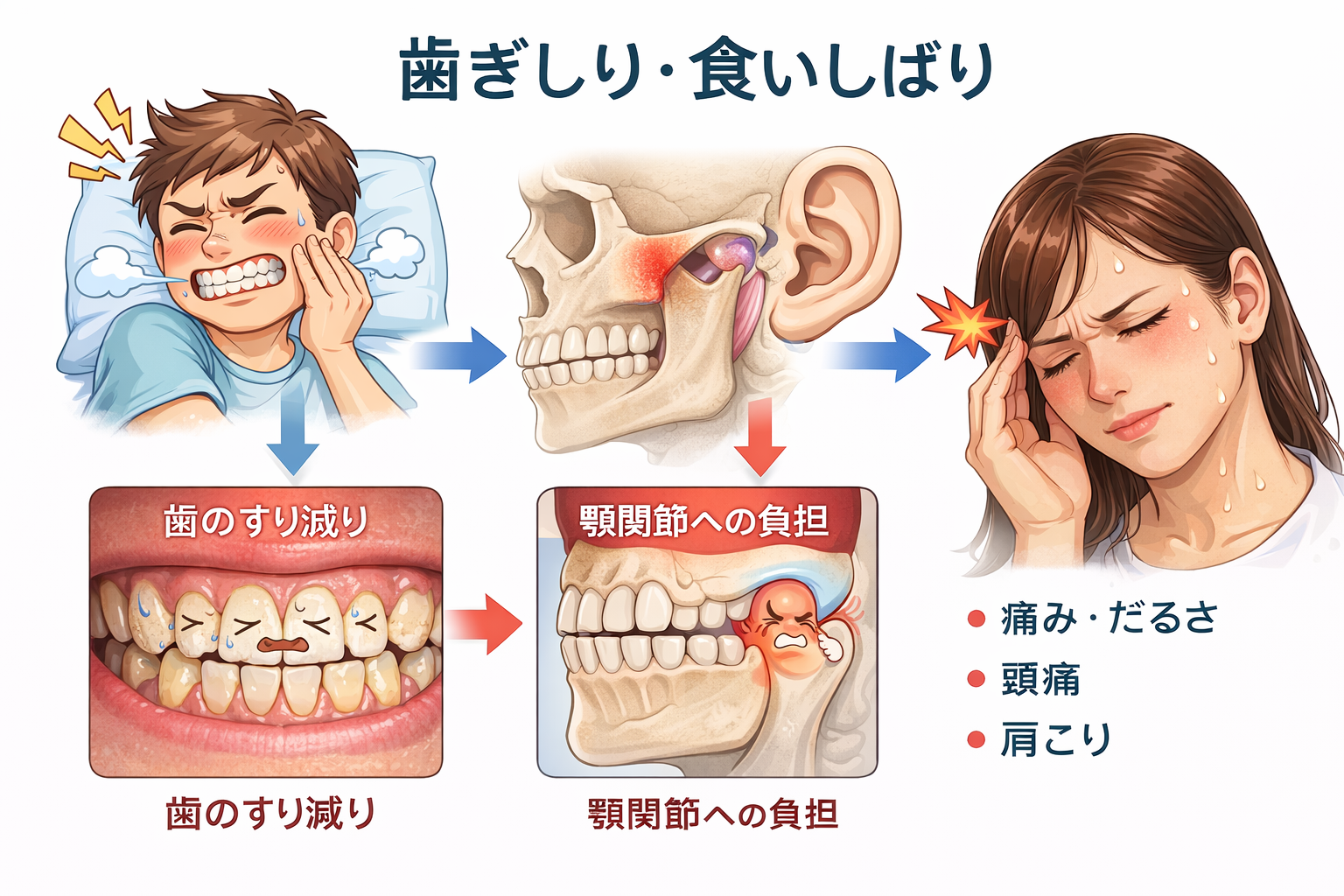 歯ぎしり、食いしばりが原因で起こる痛み